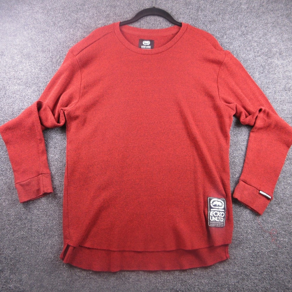 Ecko Unltd Sweater Mens XL Red Waffle Knit Crewneck Pullover Long Sleeve Logo‎